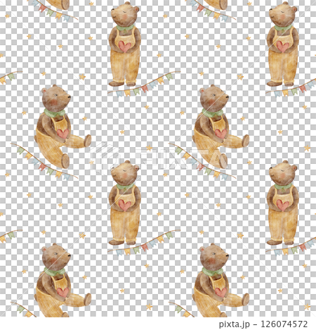 Pattern bears holding heart, garland, stars. Watercolor illustration hand drawn in cartoon style. Seamless print on background for children's textile design, fabric, packaging, wallpaper, kids clothes 126074572