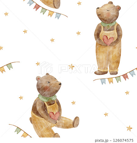 Watercolor pattern illustration bears in retro suit holding heart, garland, stars. Seamless print hand drawn on isolated white background for children textile fabric packaging wallpaper, baby clothes Watercolor pattern illustration bears in retro suit holding heart, garland, stars. Seamless print hand drawn on isolated white background for children textile fabric packaging wallpaper, baby clothes 126074575