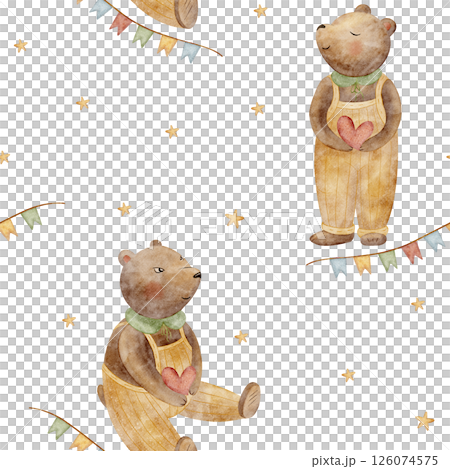 Watercolor pattern illustration bears in retro suit holding heart, garland, stars. Seamless print hand drawn on isolated white background for children textile fabric packaging wallpaper, baby clothes 126074575