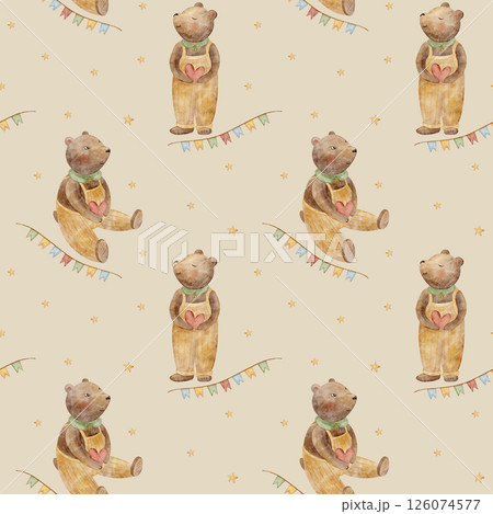Watercolor pattern bear in retro suit holding heart, garland, stars. Illustration drawn on beige pastel background in cartoon style. Seamless print, fabric, kids clothes, textile, packaging, wallpaper Watercolor pattern bear in retro suit holding heart, garland, stars. Illustration drawn on beige pastel background in cartoon style. Seamless print, fabric, kids clothes, textile, packaging, wallpaper 126074577