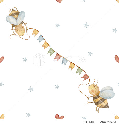 Watercolor pattern illustration honey bees holding garland, flying stars, heart. Seamless print hand drawn on isolated white background for children textile, fabric, packaging, wallpaper, kids clothes Watercolor pattern illustration honey bees holding garland, flying stars, heart. Seamless print hand drawn on isolated white background for children textile, fabric, packaging, wallpaper, kids clothes 126074578