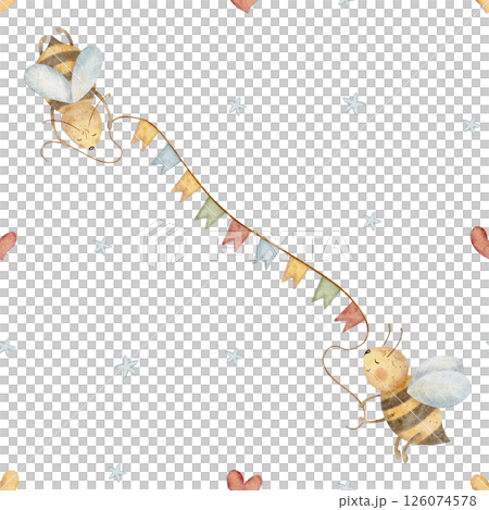 Watercolor pattern illustration honey bees holding garland, flying stars, heart. Seamless print hand drawn on isolated white background for children textile, fabric, packaging, wallpaper, kids clothes Watercolor pattern illustration honey bees holding garland, flying stars, heart. Seamless print hand drawn on isolated white background for children textile, fabric, packaging, wallpaper, kids clothes 126074578