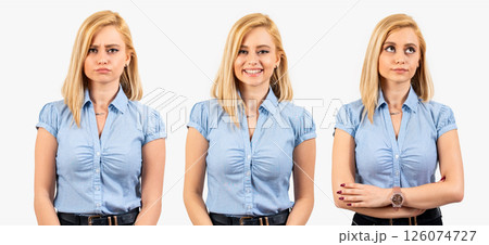 Different facial expressions of blonde woman on white background. 126074727