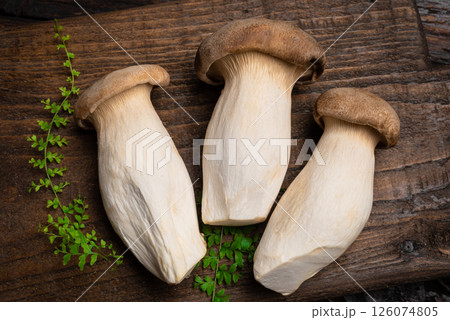 King Oyster Mushroom, Eryngii mushrooms on wooden board 126074805