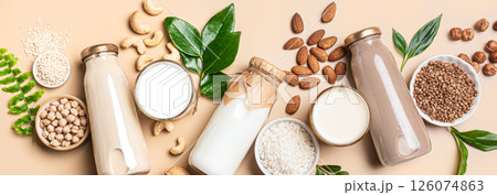 Various vegan plant based milk bottles and ingredients, lactose free drink Various vegan plant based milk bottles and ingredients, lactose free drink 126074863