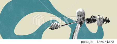 Bald man playing violin over beige and teal abstract background in expressive gesture. Bald man playing violin over beige and teal abstract background in expressive gesture. 126074878