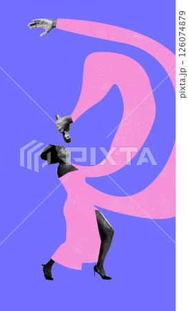 Woman in pink dress singing into mic with exaggerated pink arms over purple background. Woman in pink dress singing into mic with exaggerated pink arms over purple background. 126074879
