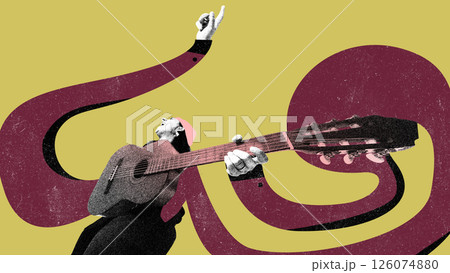 Passionate woman guitar with maroon flowing ribbon on yellow background and raised hand. Passionate woman guitar with maroon flowing ribbon on yellow background and raised hand. 126074880