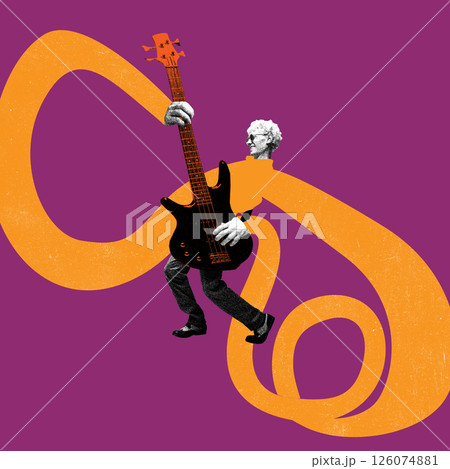 Dynamic image of man playing black bass guitar with orange looping ribbon over purple background. Dynamic image of man playing black bass guitar with orange looping ribbon over purple background. 126074881