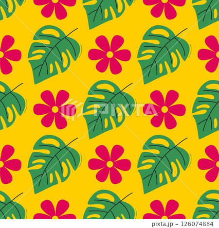 Bright tropical print with monstera leaves and hibiscus flowers Bright tropical print with monstera leaves and hibiscus flowers 126074884