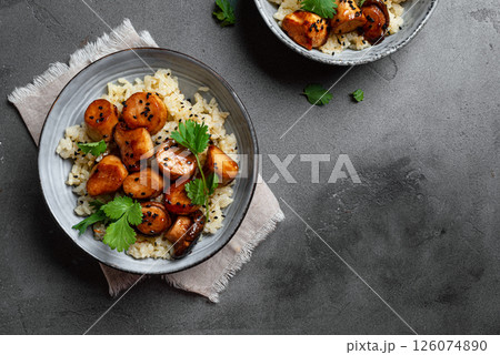Stir fried teriyaki king oyster mushrooms with rice 126074890
