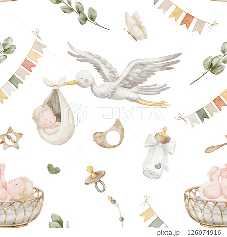 Seamless baby Pattern with watercolor Baby elements like stork, pacifier, bottle, toys, bunting, and infant in crib in pastel colors. Illustration of background for baby textile or nursery wallpaper. 126074916
