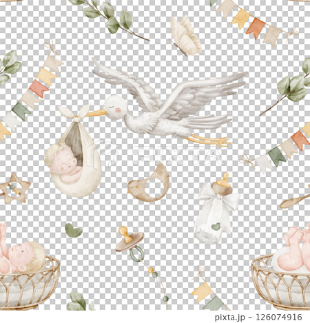 Seamless baby Pattern with watercolor Baby elements like stork, pacifier, bottle, toys, bunting, and infant in crib in pastel colors. Illustration of background for baby textile or nursery wallpaper. 126074916