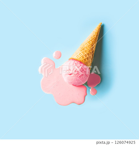 Pink ice cream melting and spilling Pink ice cream melting and spilling 126074925