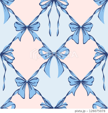 Pink Ribbon Bow Lattice Seamless Pattern. Coquette, Vintage and Romantic checkered pattern on blue with bows. Rococo background for feminine projects, vintage wrapping paper, textiles, Valentines Day Pink Ribbon Bow Lattice Seamless Pattern. Coquette, Vintage and Romantic checkered pattern on blue with bows. Rococo background for feminine projects, vintage wrapping paper, textiles, Valentines Day 126075078
