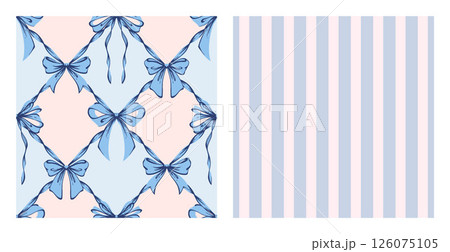 Ribbon Bow Coquette Seamless Pattern Set. Blue Hand-Drawn Feminine Lattice Backgrounds with Soft Stripes and garland of bows. Romantic Design. Perfect for Lovely and Whimsical Valentines Day Backdrop 126075105