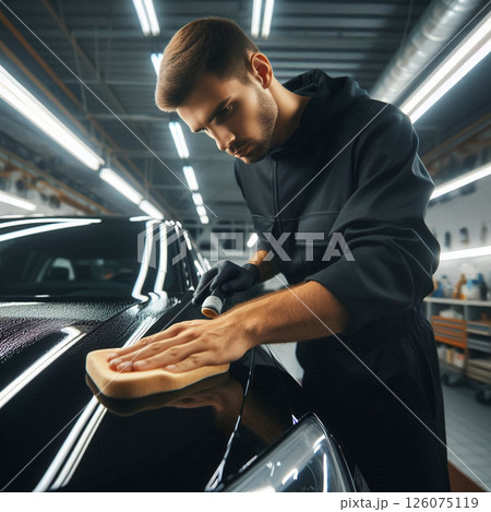プロが丁寧に磨く車のボディ 126075119