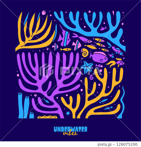 Groovy colorful cartoon underwater composition with exotic animals, plants - fish, seaweed, algae, coral. Different marine creatures. Save the sea design concept for social media. Vector 126075200