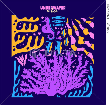 Ornate summer card with various underwater colorful cartoon funky exotic animals and plants - fish, seaweed, algae, coral, seahorse. Ocean, sea aquatic fauna and flora with different marine creatures 126075201