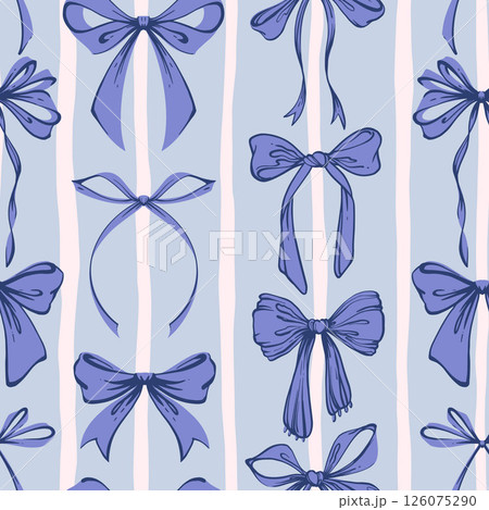 Blue Ribbon Bow Seamless Pattern. Hand-Drawn Rococo Soft and Feminine Background. Romantic, Coquette Design. Perfect for Fabric, Stationery, Wrapping, and Digital Projects. 126075290