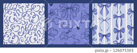 Blue Ribbon Bow Seamless Pattern Set. Hand-Drawn Rococo Soft and Feminine Backgrounds. Romantic, Coquette Design. Perfect for Fabric, Stationery, Wrapping, and Digital Projects. 126075305