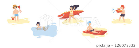 Children at Sea Sunbathing on Beach and Seashore Vector Set 126075332