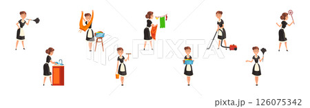 Woman Housemaid in Apron Cleaning House Vector Set Woman Housemaid in Apron Cleaning House Vector Set 126075342