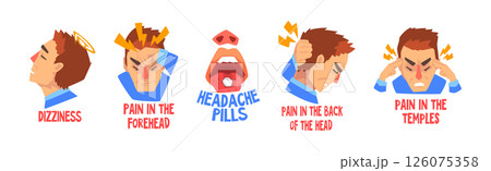 Severe Headache with Man Suffer from Strong Pain in Head Vector Set 126075358