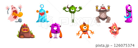 Funny Monster with Spooky Muzzle with Teeth and Bulging Eye Vector Set Funny Monster with Spooky Muzzle with Teeth and Bulging Eye Vector Set 126075374