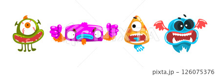 Funny Monster with Spooky Muzzle with Teeth and Bulging Eye Vector Set Funny Monster with Spooky Muzzle with Teeth and Bulging Eye Vector Set 126075376