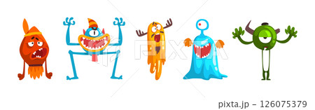 Funny Monster with Spooky Muzzle with Teeth and Bulging Eye Vector Set 126075379