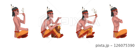 Native American Man Indian In Traditional Clothing with Feather Vector Set 126075390