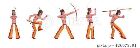 Native American Man Indian In Traditional Clothing with Feather Vector Set 126075391