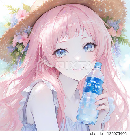 ペットボトルを持つピンク髪の少女・水分補給を呼びかける漫画風の水彩AIイラスト 126075403