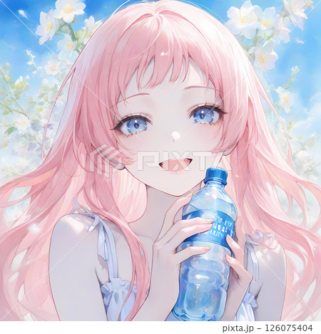 ペットボトルを持つピンク髪の少女・水分補給を呼びかける漫画風の水彩AIイラスト 126075404