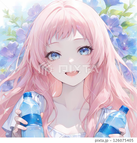 ペットボトルを差し出すピンク髪の少女・水分補給を呼びかける漫画風の水彩AIイラスト 126075405