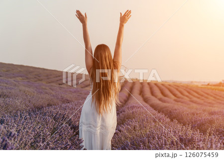 Lavender Field Woman Joy: Sunset Serenity, Provence France, Summer Freedom 126075459