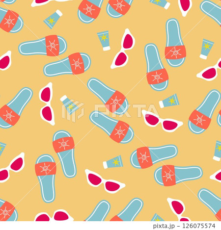 Summer print with flip-flops, spf cream and sunglasses on the sand 126075574