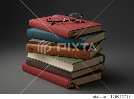 Vintage Hardcover Book Collection with Reading Glasses on Dark Background 126075718