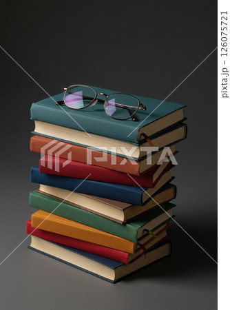 Vintage Hardcover Book Collection with Reading Glasses on Dark Background 126075721