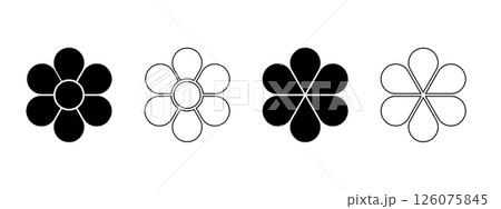Set of flower silhouettes with 6 petals and core. Floral pie chart divided on six equal parts in leaf shapes isolated on white background. Templates for data presentation. Vector graphic illustration Set of flower silhouettes with 6 petals and core. Floral pie chart divided on six equal parts in leaf shapes isolated on white background. Templates for data presentation. Vector graphic illustration 126075845