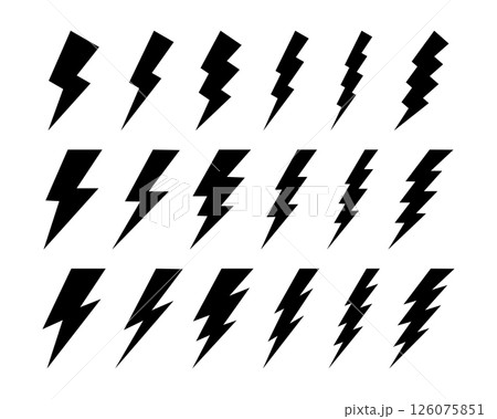 Set of bolt icons. Lightning signs isolated on white background. Flash light, energy, power or electricity symbols. Warning or dangerous, quick or speed pictograms. Vector graphic illustration Set of bolt icons. Lightning signs isolated on white background. Flash light, energy, power or electricity symbols. Warning or dangerous, quick or speed pictograms. Vector graphic illustration 126075851
