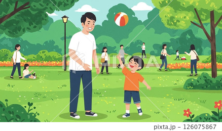 公園でボール遊びを楽しむ父子 126075867