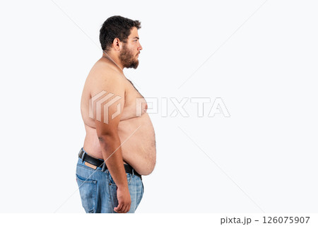 side view of fat man on white background 126075907