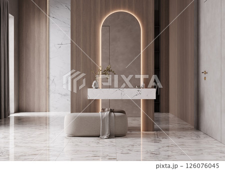 Modern marble vanity with mirror, beige pouf and plants, lobby in hotel room, 3d rendering Modern marble vanity with mirror, beige pouf and plants, lobby in hotel room, 3d rendering 126076045