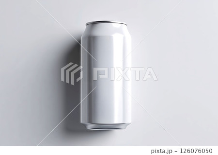 A simple white aluminum can mockup is on a flat lay with on gray colored background. The surface of the can is smooth and lacks any labels, text, or graphic markings. A simple white aluminum can mockup is on a flat lay with on gray colored background. The surface of the can is smooth and lacks any labels, text, or graphic markings. 126076050
