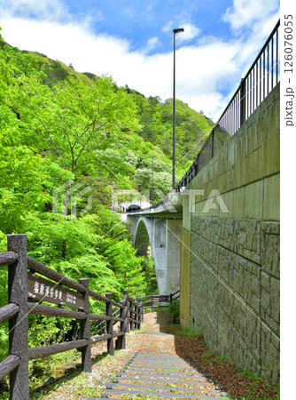 栃木県那須塩原市　新緑の季節を迎える塩原と留春大橋 126076055