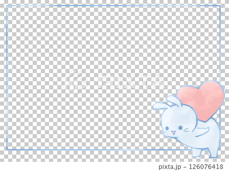 ハートを背に乗せる笑顔のうさぎのフレーム背景(青色) 126076418