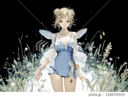 夜の散歩をするホタルの妖精のイラスト素材 126076505