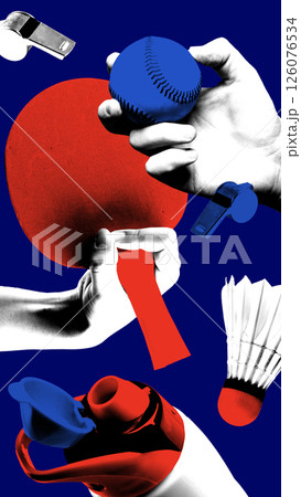 Conceptual art collage. Hands holding paddles, baseball, whistle, bottle and shuttlecock in color block space. Conceptual art collage. Hands holding paddles, baseball, whistle, bottle and shuttlecock in color block space. 126076534
